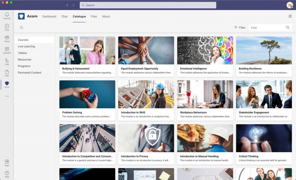 Screengrab of the Acorn App content catalogue as accessed through MS Teams.