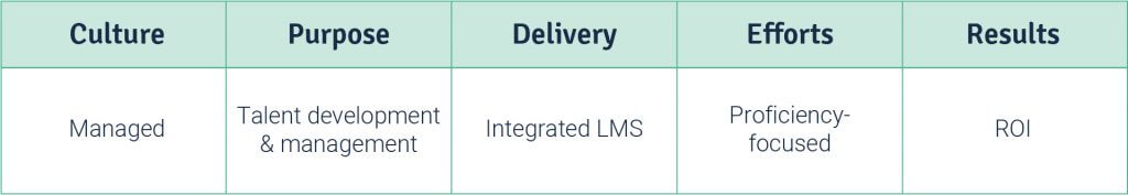 culture, purpose, delivery mode, input efforts and results of level 3 L&D maturity